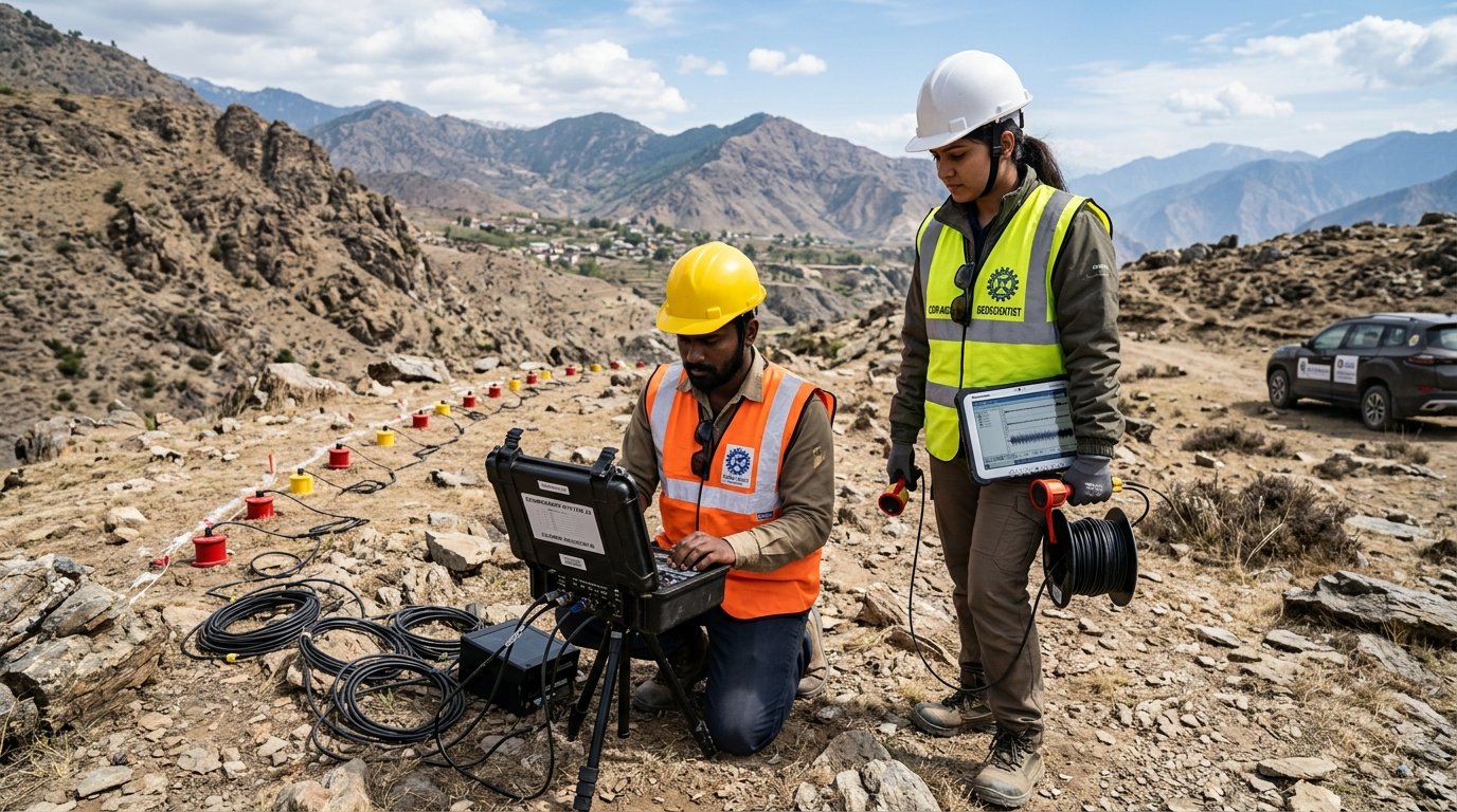 Indian geophysicists in safety gear conducting field survey on rugged terrain